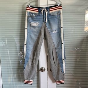 Mixed-Media Distressed Blue Denim & Gray Jogger Sweatpants